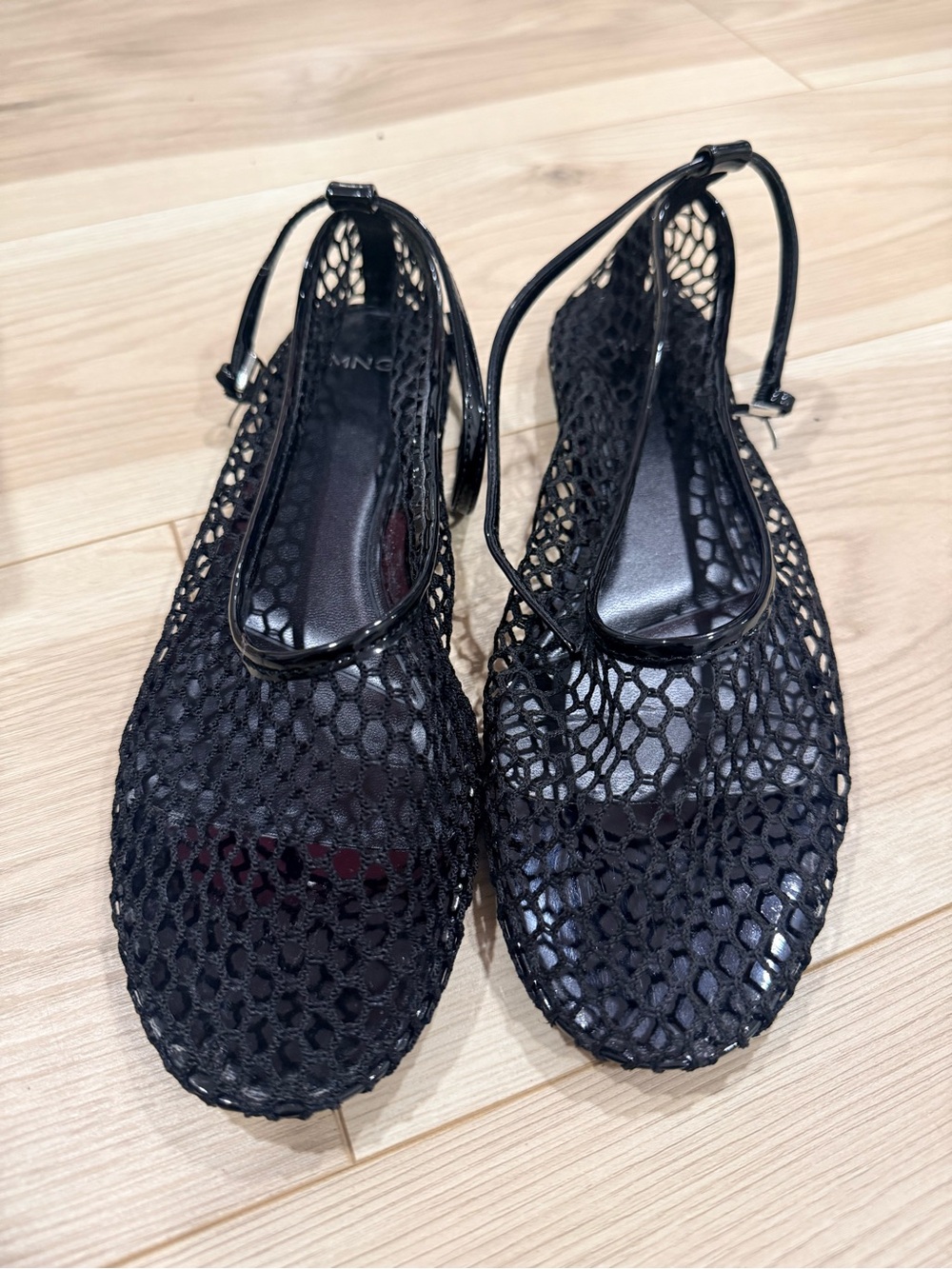 Mango Black Mesh Ankle-Strap Flats